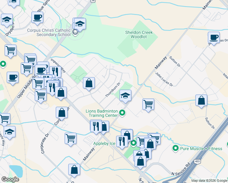 map of restaurants, bars, coffee shops, grocery stores, and more near 5192 Thornburn Drive in Burlington