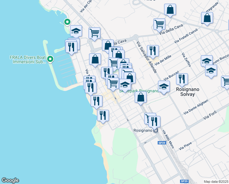 map of restaurants, bars, coffee shops, grocery stores, and more near 22 Via Arturo Toscanini in Rosignano Solvay-castiglioncell