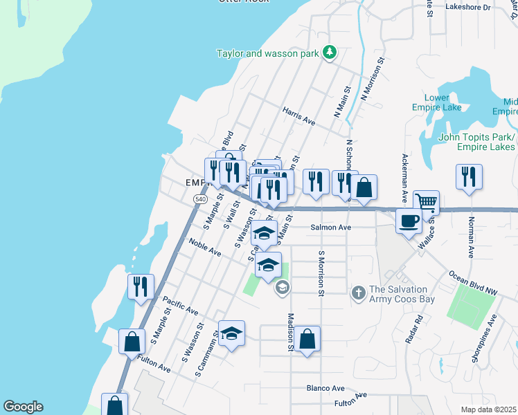 map of restaurants, bars, coffee shops, grocery stores, and more near 730 Newmark Avenue in Coos Bay