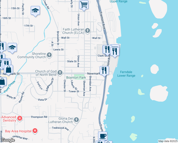 map of restaurants, bars, coffee shops, grocery stores, and more near 575 Commercial Street in North Bend