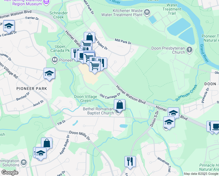 map of restaurants, bars, coffee shops, grocery stores, and more near 200 Old Carriage Drive in Kitchener