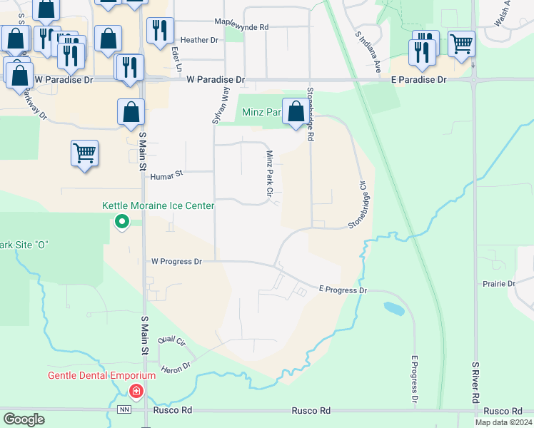 map of restaurants, bars, coffee shops, grocery stores, and more near 294 Minz Park Circle in West Bend