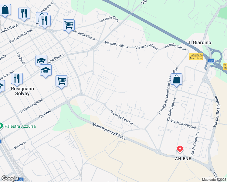 map of restaurants, bars, coffee shops, grocery stores, and more near 28 Via Fiammetta in Rosignano Solvay