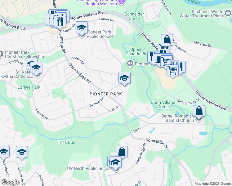 map of restaurants, bars, coffee shops, grocery stores, and more near 868 Doon Village Road in Kitchener