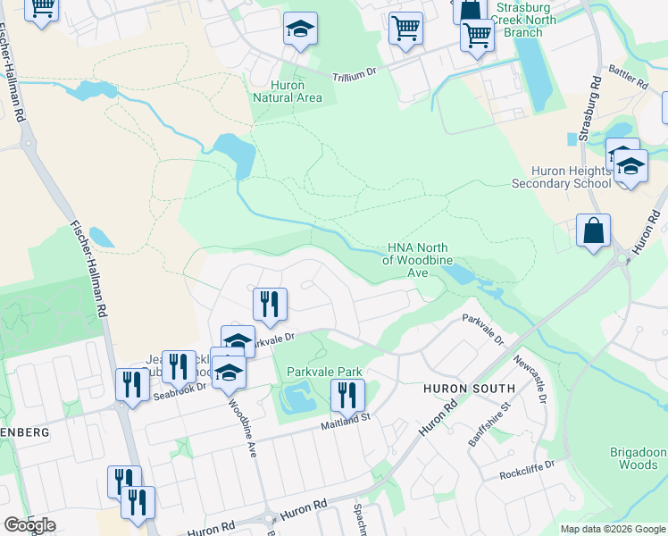 map of restaurants, bars, coffee shops, grocery stores, and more near 449 Woodbine Avenue in Kitchener