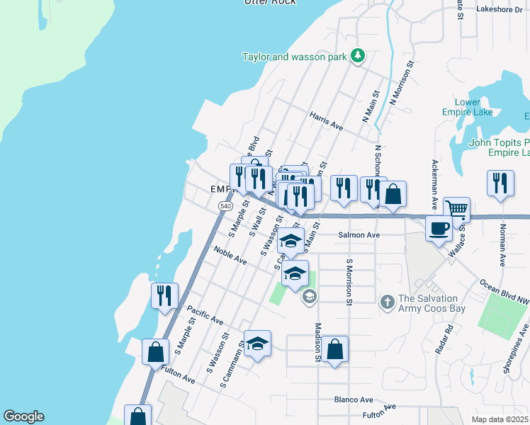 map of restaurants, bars, coffee shops, grocery stores, and more near 135 South Wall Street in Coos Bay