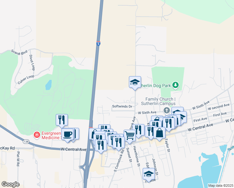 map of restaurants, bars, coffee shops, grocery stores, and more near 531 North Comstock Avenue in Sutherlin