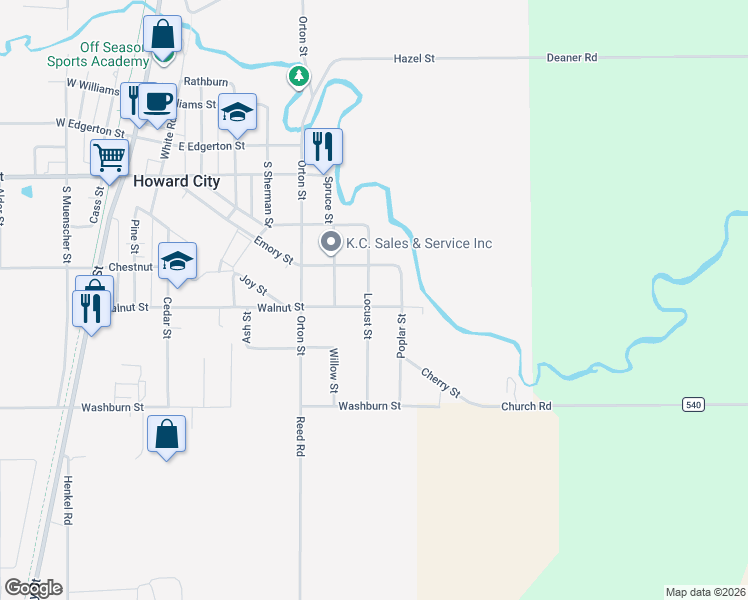 map of restaurants, bars, coffee shops, grocery stores, and more near 805 Walnut Street in Howard City