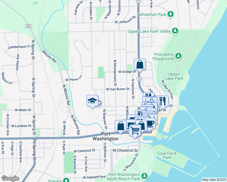 map of restaurants, bars, coffee shops, grocery stores, and more near 455 North Montgomery Street in Port Washington