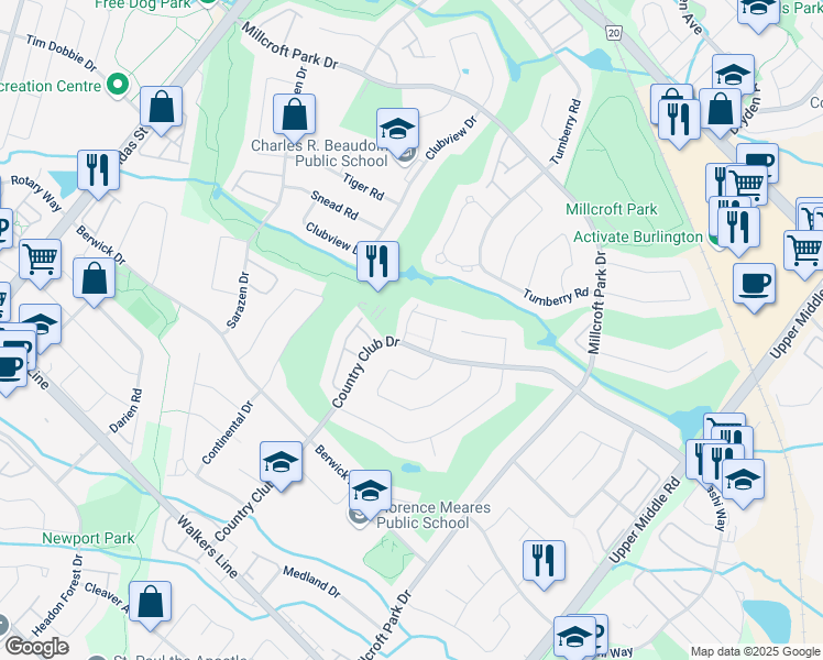 map of restaurants, bars, coffee shops, grocery stores, and more near 2145 Country Club Drive in Burlington