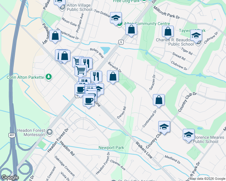 map of restaurants, bars, coffee shops, grocery stores, and more near 2937 Hill Street in Burlington