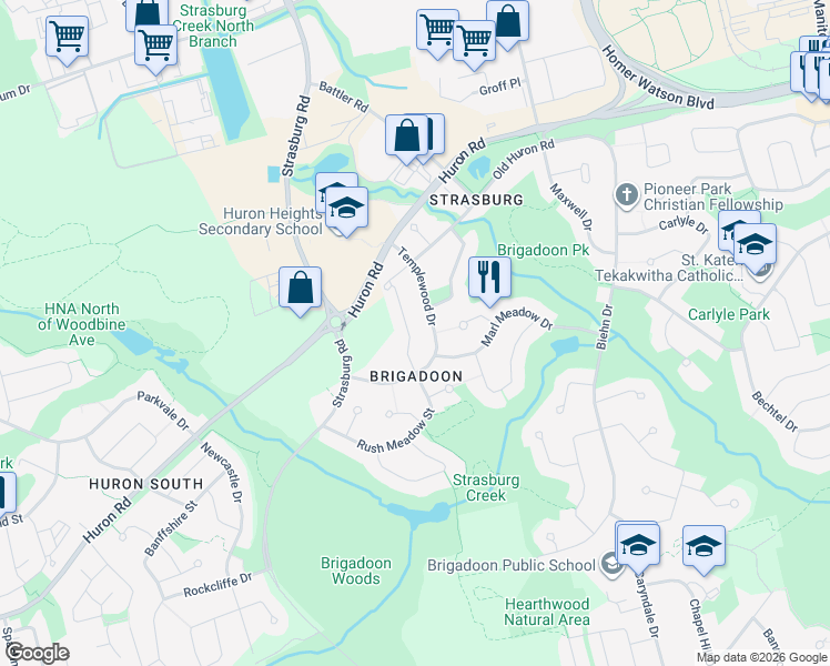 map of restaurants, bars, coffee shops, grocery stores, and more near in Kitchener