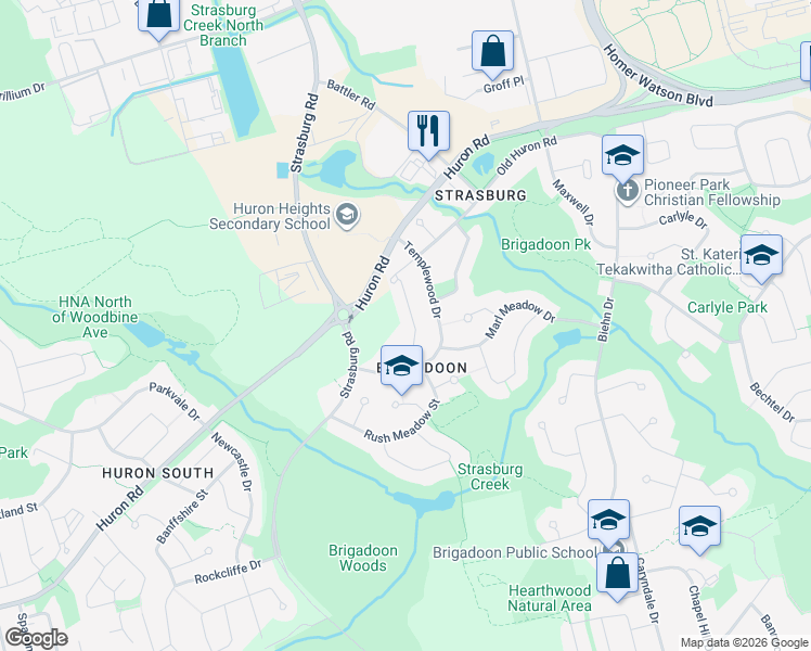 map of restaurants, bars, coffee shops, grocery stores, and more near 400 Old Huron Road in Kitchener