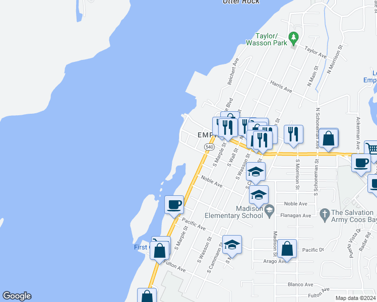 map of restaurants, bars, coffee shops, grocery stores, and more near 234 South Mill Street in Coos Bay