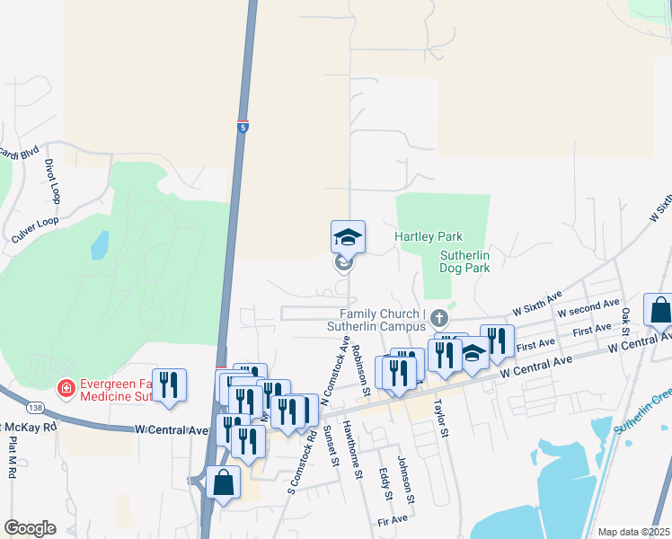 map of restaurants, bars, coffee shops, grocery stores, and more near 531 North Comstock Avenue in Sutherlin