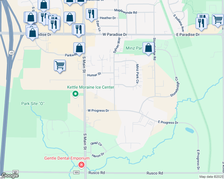 map of restaurants, bars, coffee shops, grocery stores, and more near 2240 Sylvan Way in West Bend