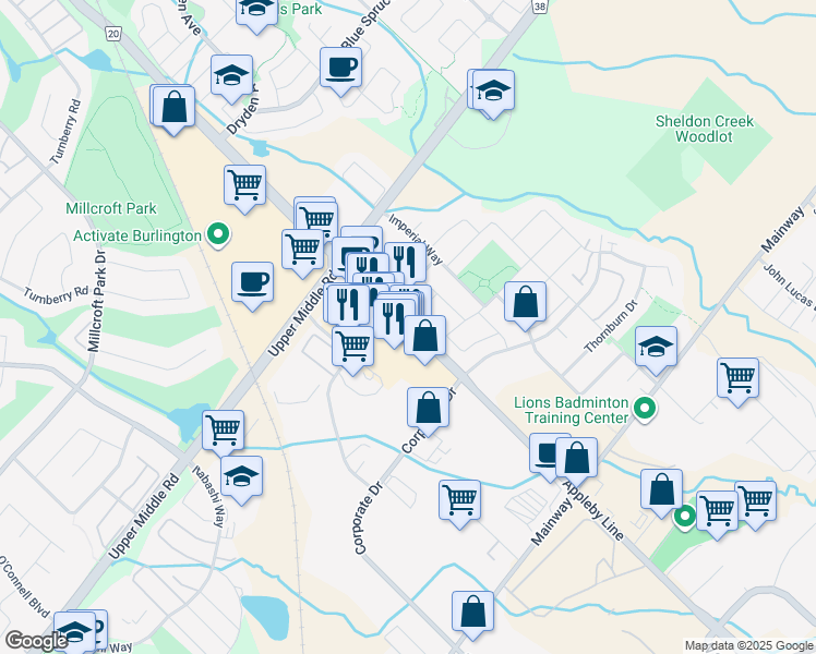 map of restaurants, bars, coffee shops, grocery stores, and more near 1860 Appleby Line in Burlington