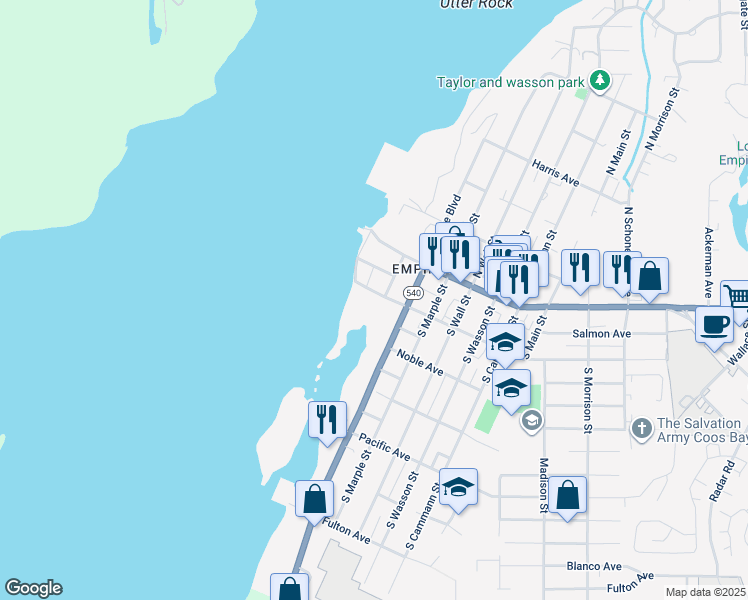 map of restaurants, bars, coffee shops, grocery stores, and more near 234 South Mill Street in Coos Bay