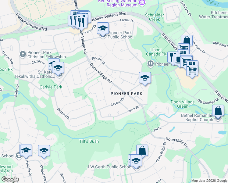 map of restaurants, bars, coffee shops, grocery stores, and more near 37 Harvest Court in Kitchener