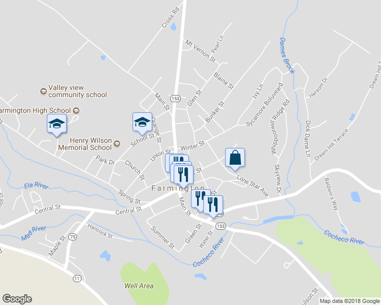 map of restaurants, bars, coffee shops, grocery stores, and more near 19 Worster Street in Farmington