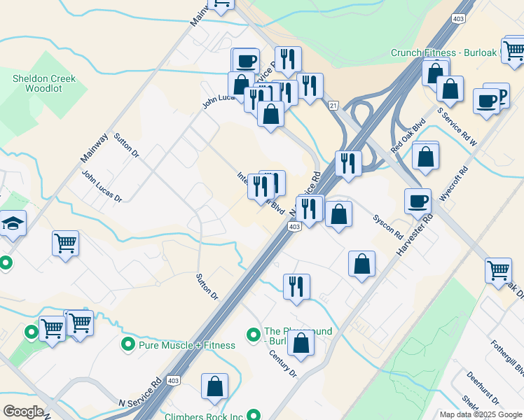 map of restaurants, bars, coffee shops, grocery stores, and more near 1122 International Boulevard in Burlington