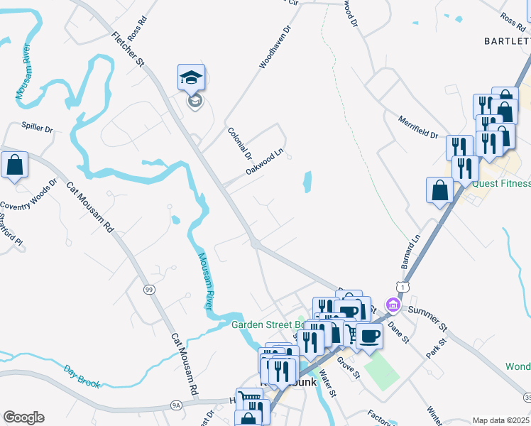 map of restaurants, bars, coffee shops, grocery stores, and more near 6 Wiggins Pond Lane in Kennebunk