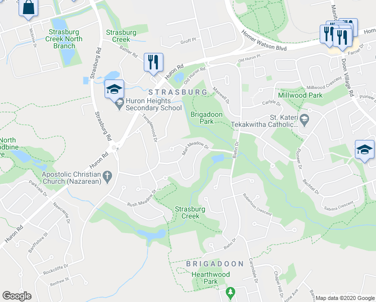 map of restaurants, bars, coffee shops, grocery stores, and more near 93 Marl Meadow Drive in Kitchener