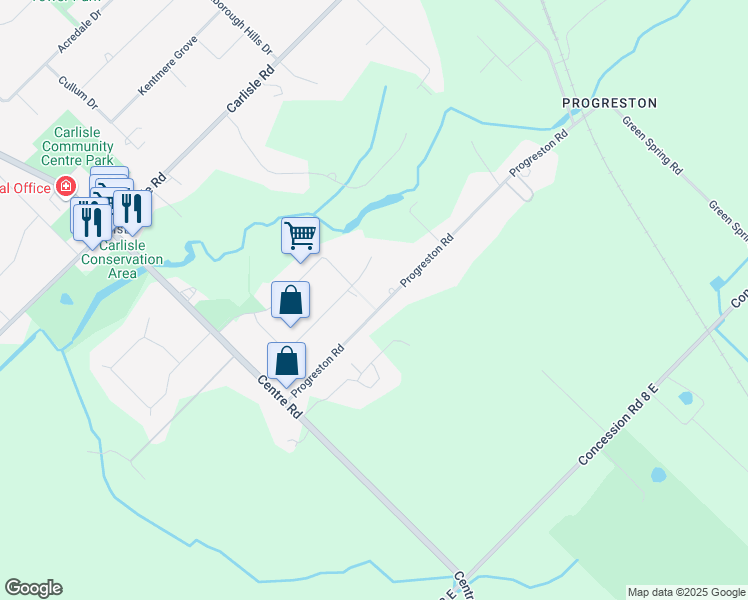 map of restaurants, bars, coffee shops, grocery stores, and more near 325 Progreston Road in Hamilton