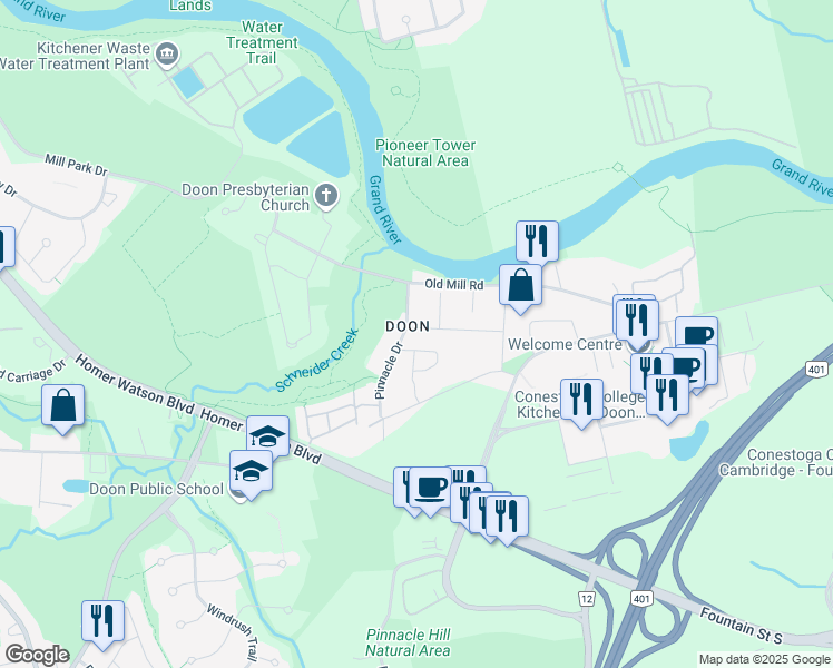 map of restaurants, bars, coffee shops, grocery stores, and more near 11 Amherst Drive in Kitchener