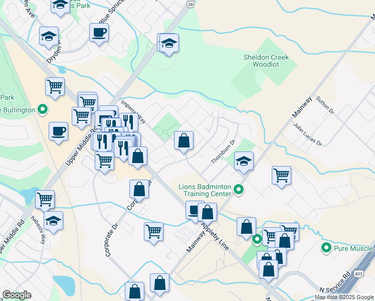 map of restaurants, bars, coffee shops, grocery stores, and more near 1751 Lampman Avenue in Burlington