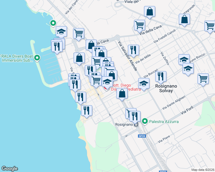 map of restaurants, bars, coffee shops, grocery stores, and more near 9A Via Giuseppe Verdi in Rosignano Solvay-castiglioncell