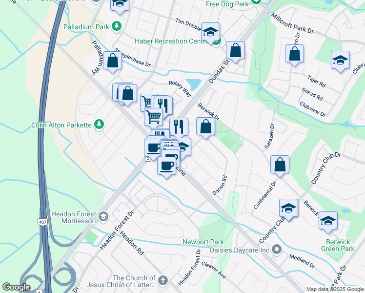 map of restaurants, bars, coffee shops, grocery stores, and more near in Burlington