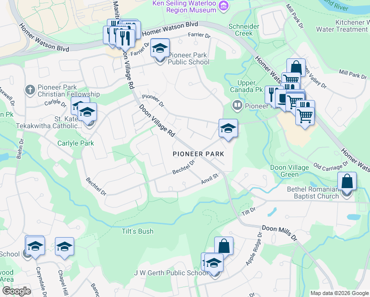 map of restaurants, bars, coffee shops, grocery stores, and more near 37 Harvest Court in Kitchener