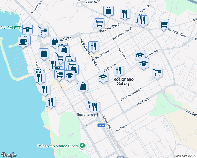 map of restaurants, bars, coffee shops, grocery stores, and more near 8 Via Ippolito Nievo in Rosignano Solvay-Castiglioncello