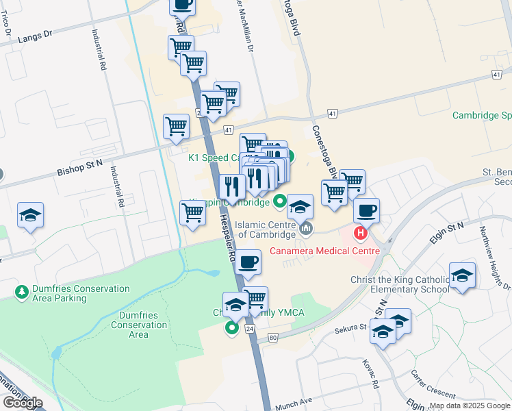 map of restaurants, bars, coffee shops, grocery stores, and more near 355 Hespeler Road in Cambridge