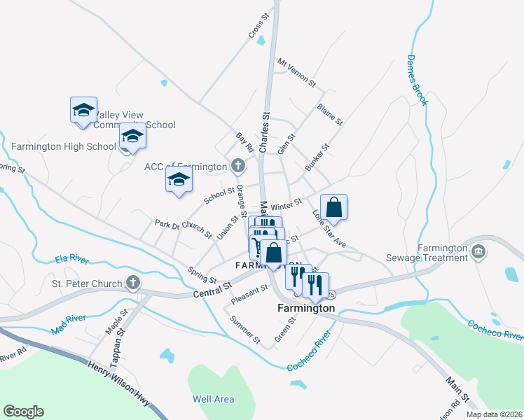 map of restaurants, bars, coffee shops, grocery stores, and more near 544 Main Street in Farmington