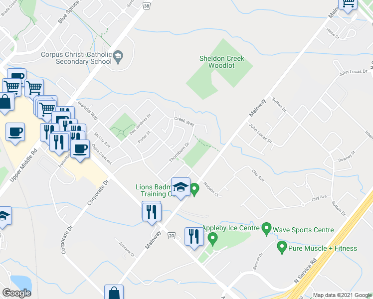 map of restaurants, bars, coffee shops, grocery stores, and more near 5192 Thornburn Drive in Burlington