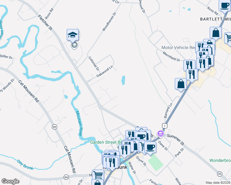 map of restaurants, bars, coffee shops, grocery stores, and more near 18 Wood Pond Lane in Kennebunk
