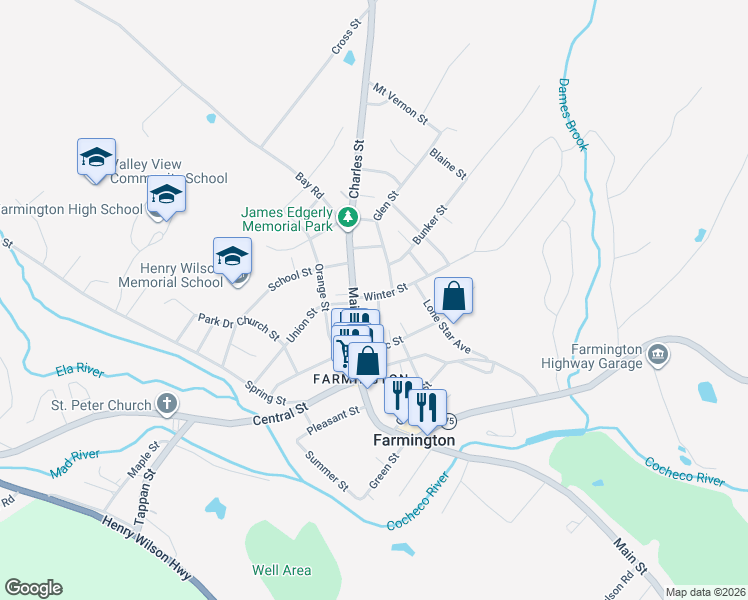 map of restaurants, bars, coffee shops, grocery stores, and more near 19 Worster Street in Farmington
