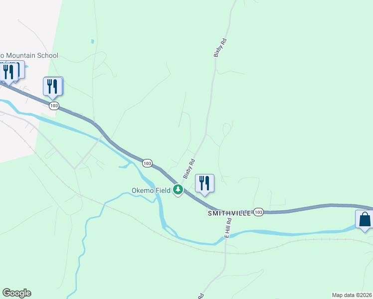 map of restaurants, bars, coffee shops, grocery stores, and more near 63 Bixby Road in Windsor County