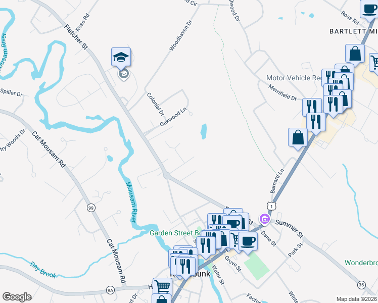 map of restaurants, bars, coffee shops, grocery stores, and more near 18 Wood Pond Lane in Kennebunk