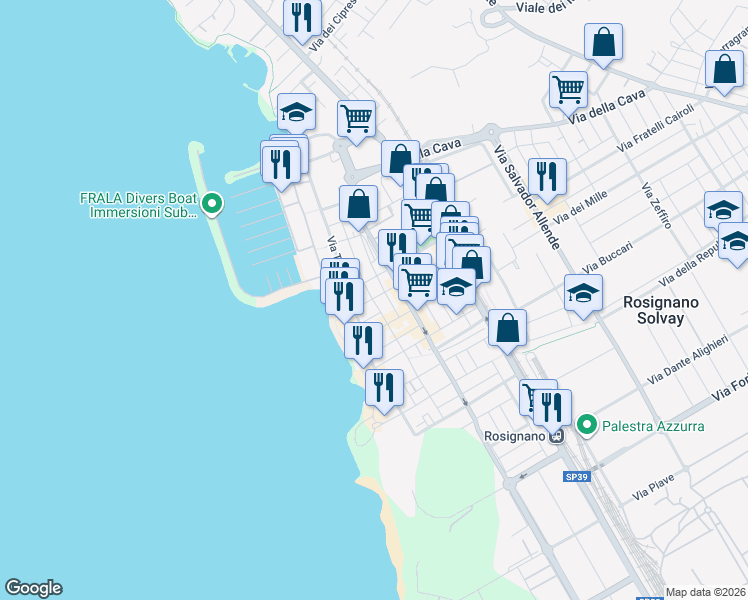 map of restaurants, bars, coffee shops, grocery stores, and more near 99 Via Pietro Mascagni in Rosignano Solvay-castiglioncell