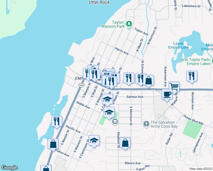 map of restaurants, bars, coffee shops, grocery stores, and more near 730 Newmark Avenue in Coos Bay
