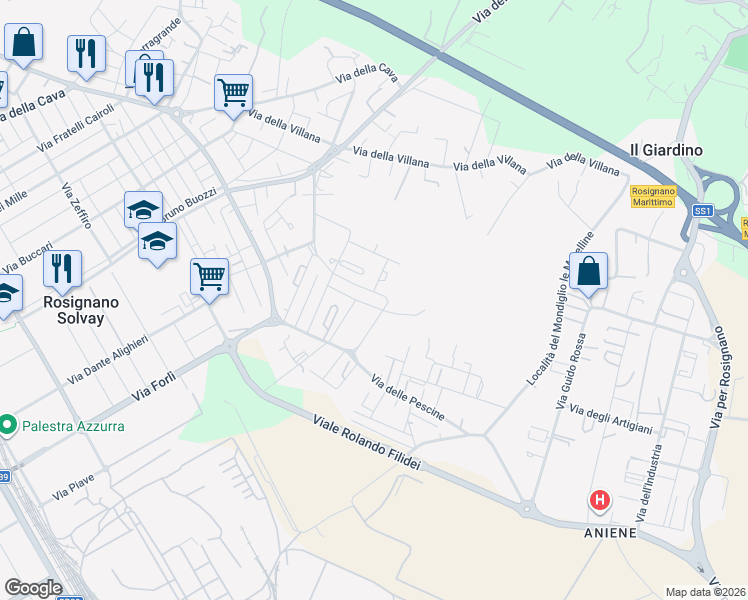 map of restaurants, bars, coffee shops, grocery stores, and more near 28 Via Fiammetta in Rosignano Solvay