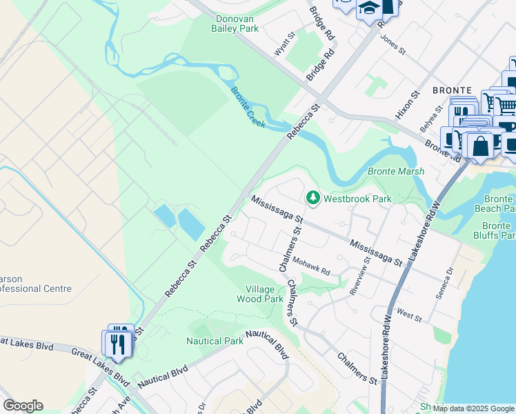 map of restaurants, bars, coffee shops, grocery stores, and more near 290 Mississaga Street in Oakville