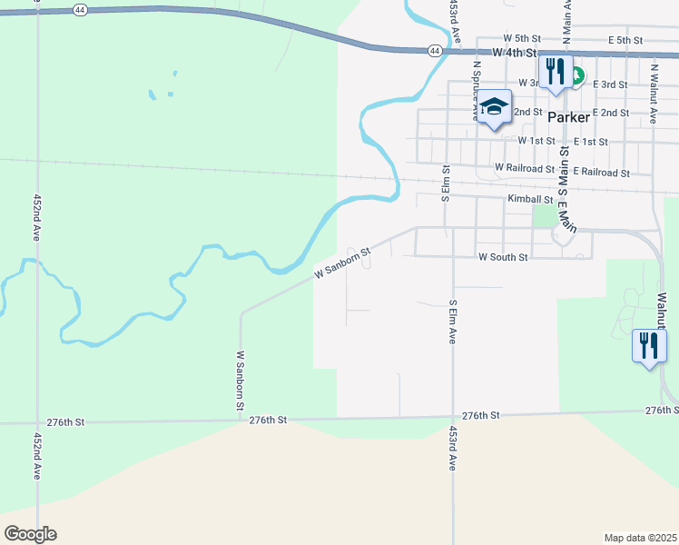 map of restaurants, bars, coffee shops, grocery stores, and more near 501 Grace Avenue in Parker