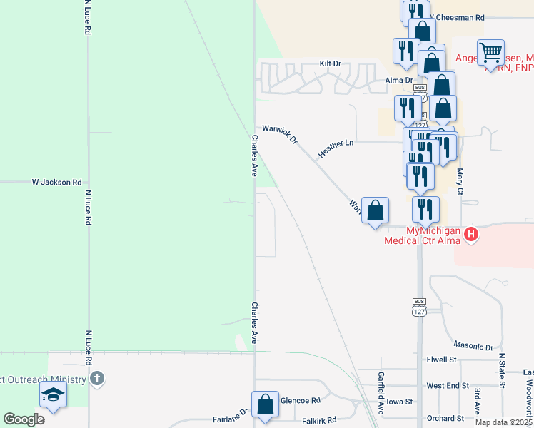 map of restaurants, bars, coffee shops, grocery stores, and more near 1414 Charles Avenue in Alma