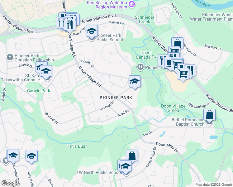 map of restaurants, bars, coffee shops, grocery stores, and more near 854 Doon Village Road in Kitchener