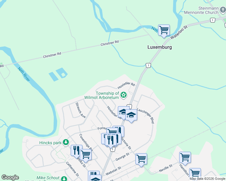 map of restaurants, bars, coffee shops, grocery stores, and more near 198 Hostetler Road in New Hamburg