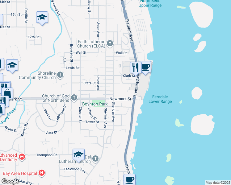 map of restaurants, bars, coffee shops, grocery stores, and more near 575 Commercial Street in North Bend